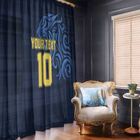Blue window curtain panels with custom text and number, dark swirl pattern