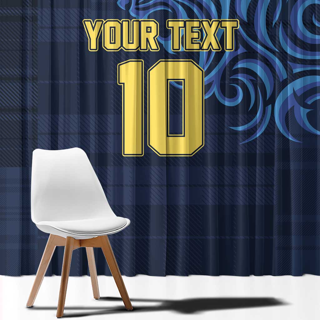 Blue window curtain panel with custom text and number, dark blue swirl design