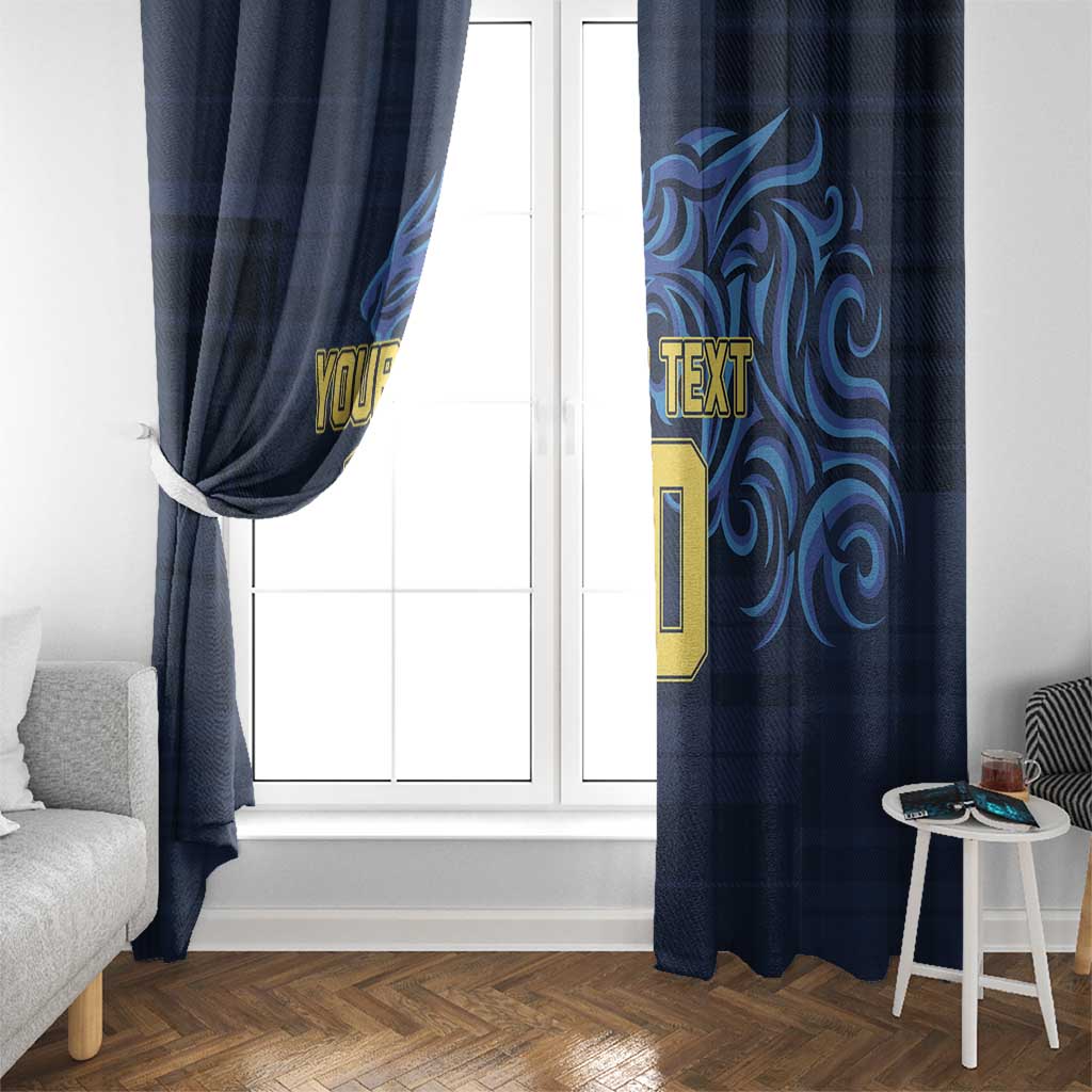 Blue window curtains with custom text and number, dark swirl print on panels