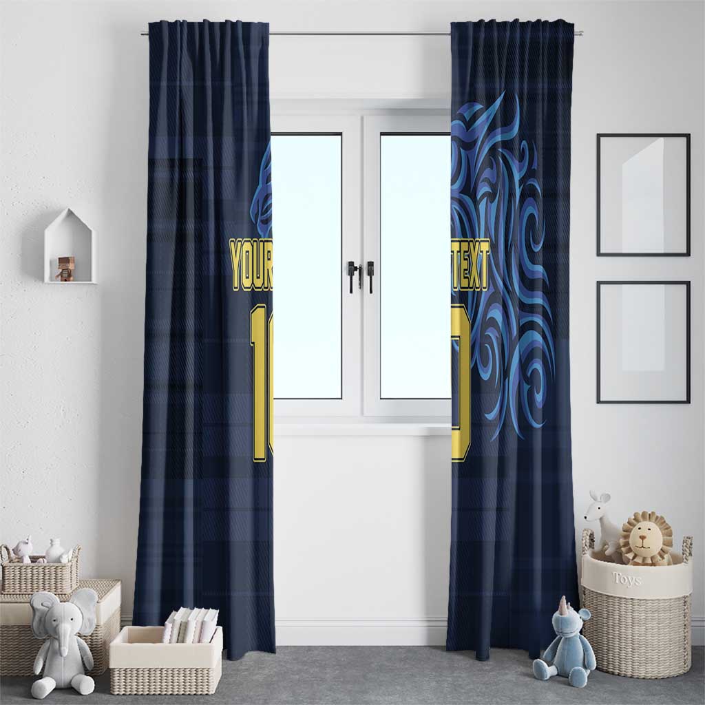 Blue window curtain pair with custom text and number, dark swirl panel on door