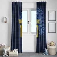 Blue window curtain pair with custom text and number, dark swirl panel on door