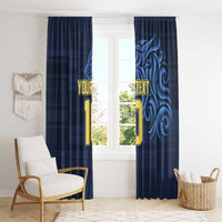 Blue window curtain pair with custom text and number, dark swirl details on fabric