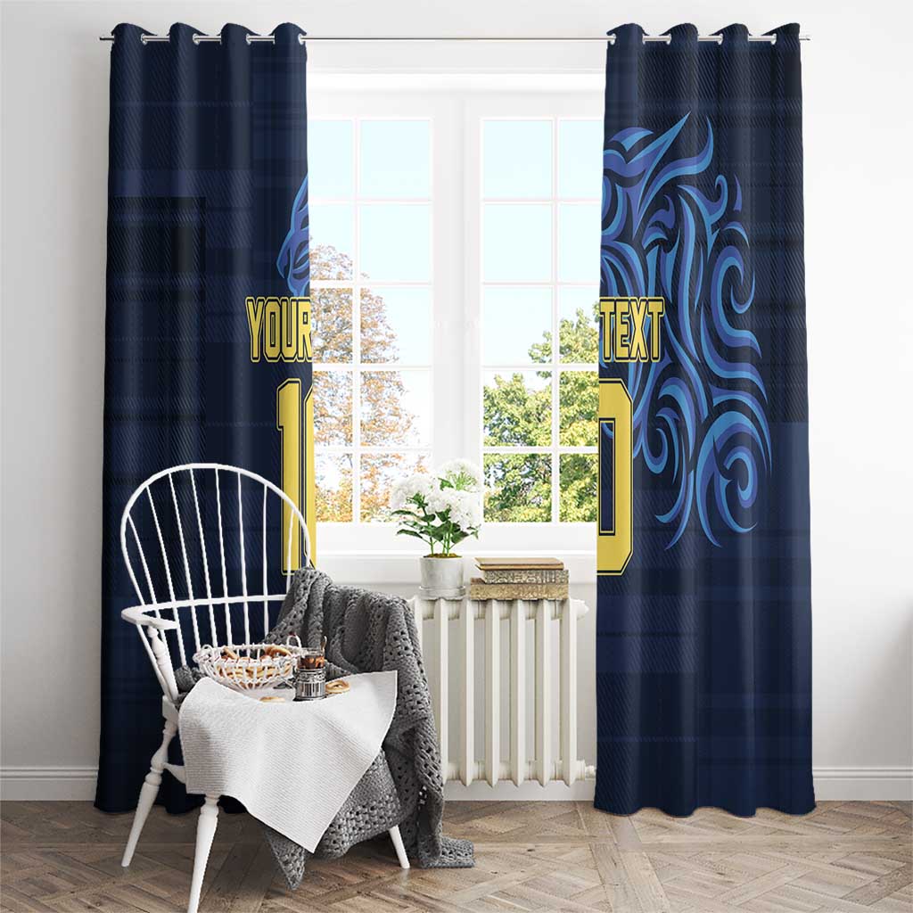 Blue window curtain panels with custom text and number, dark swirl print, doorway view