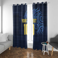 Blue window curtains with custom text and number, grommet top, dark swirl print