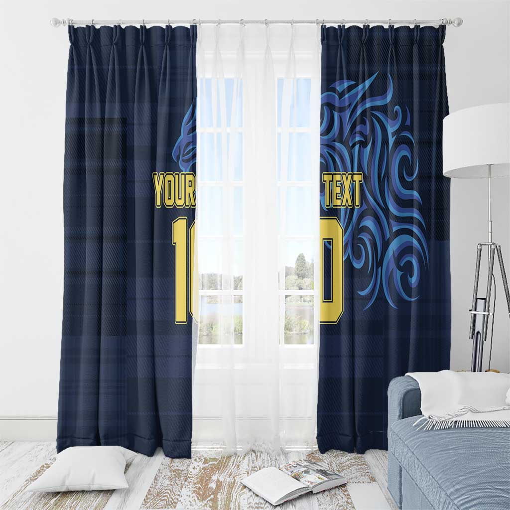 Blue window curtains with custom text and number, front view with draped panels