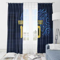 Blue window curtains with custom text and number, front view with draped panels