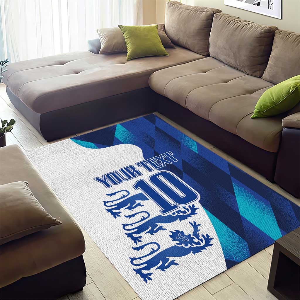 Blue and white custom football area rug with 'Your Text' and number 10 graphic