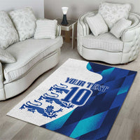 Blue and white area rug with 'Your Text' number 10 and lion crest design