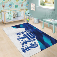 Blue and white area rug with 'Your Text' number 10 and lion crest graphic