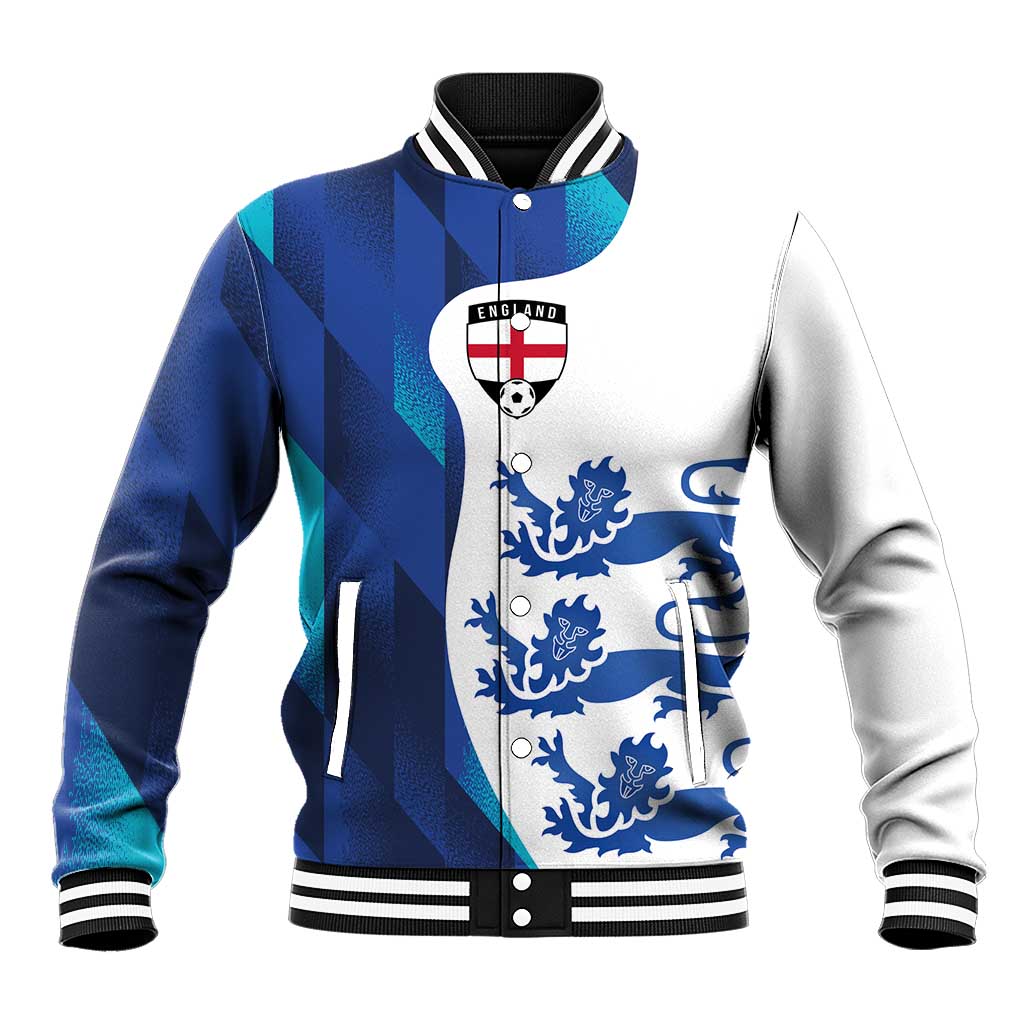 Blue varsity baseball jacket with England crest, snap front, striped ribbed collar