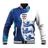 Blue varsity baseball jacket with England crest, snap front, striped ribbed collar
