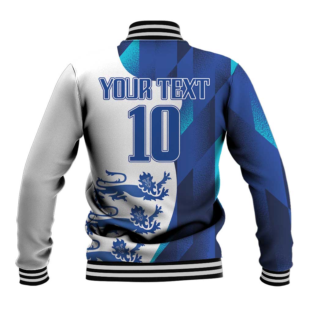 Blue-and-teal baseball jacket back with striped trim, 'YOUR TEXT' and number 10