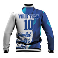 Blue-and-teal baseball jacket back with striped trim, 'YOUR TEXT' and number 10