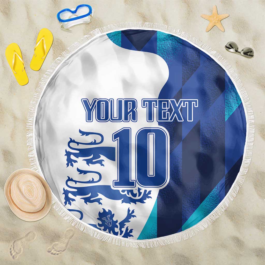 Round beach blanket with fringe, blue/white England style graphic and “YOUR TEXT 10”