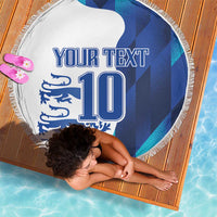 Round beach blanket with fringe, blue/white England style graphic with “YOUR TEXT 10”