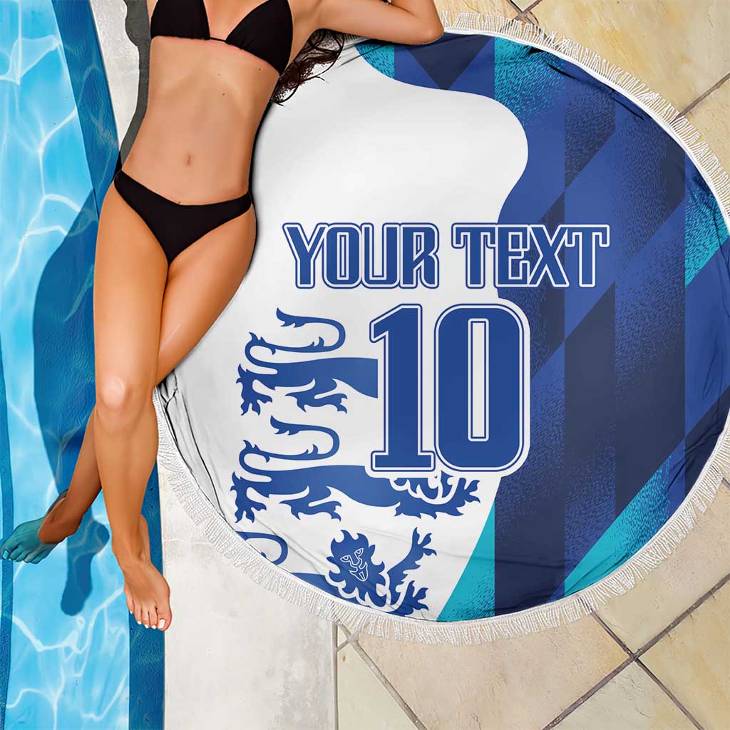 Round beach blanket with fringe, blue/white England “YOUR TEXT 10” graphic poolside