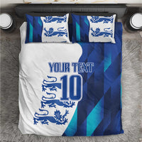 Blue and teal football bedding set with lion crest, 'YOUR TEXT' and number 10, plus pillowcases