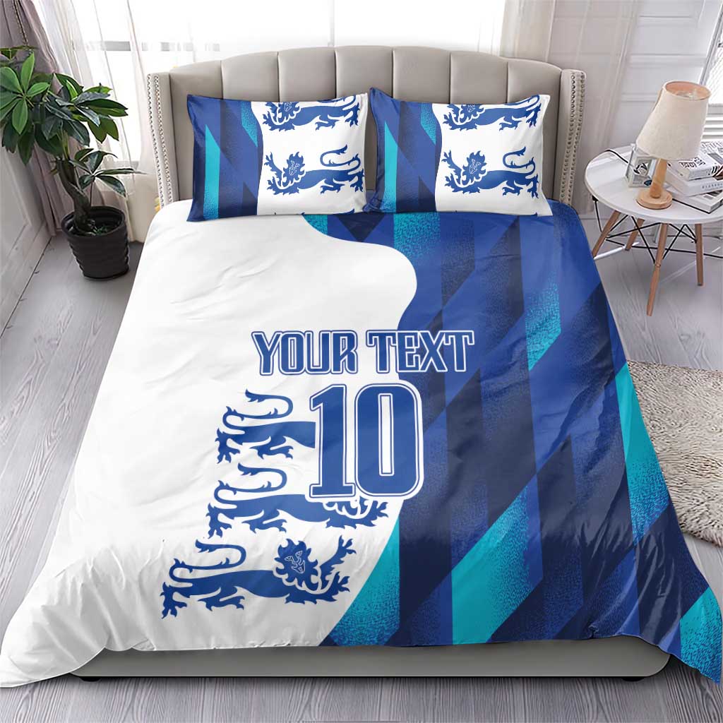 Football bedding set in blue and teal stripes with lion crest, 'YOUR TEXT' and number 10, on bed