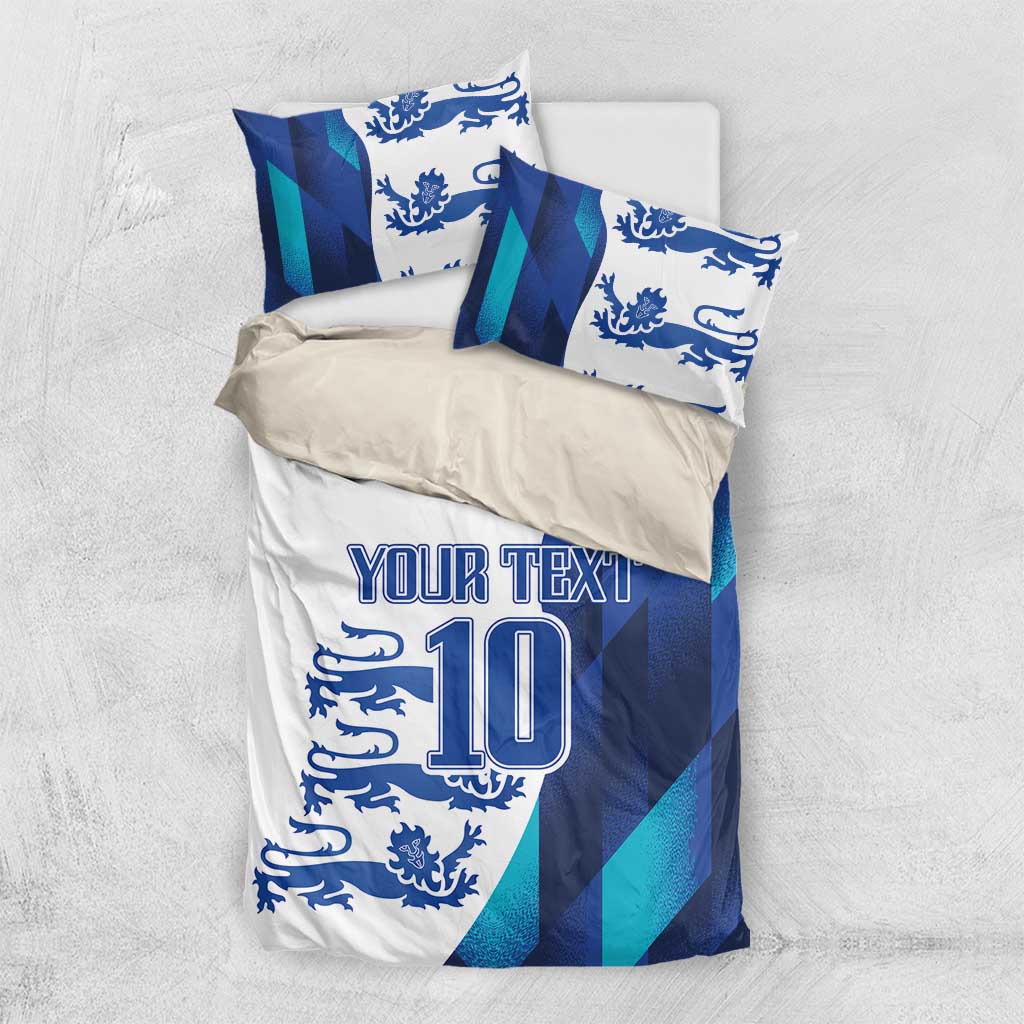 Blue and teal duvet cover with lion crest, 'YOUR TEXT' and number 10, shown with two pillowcases