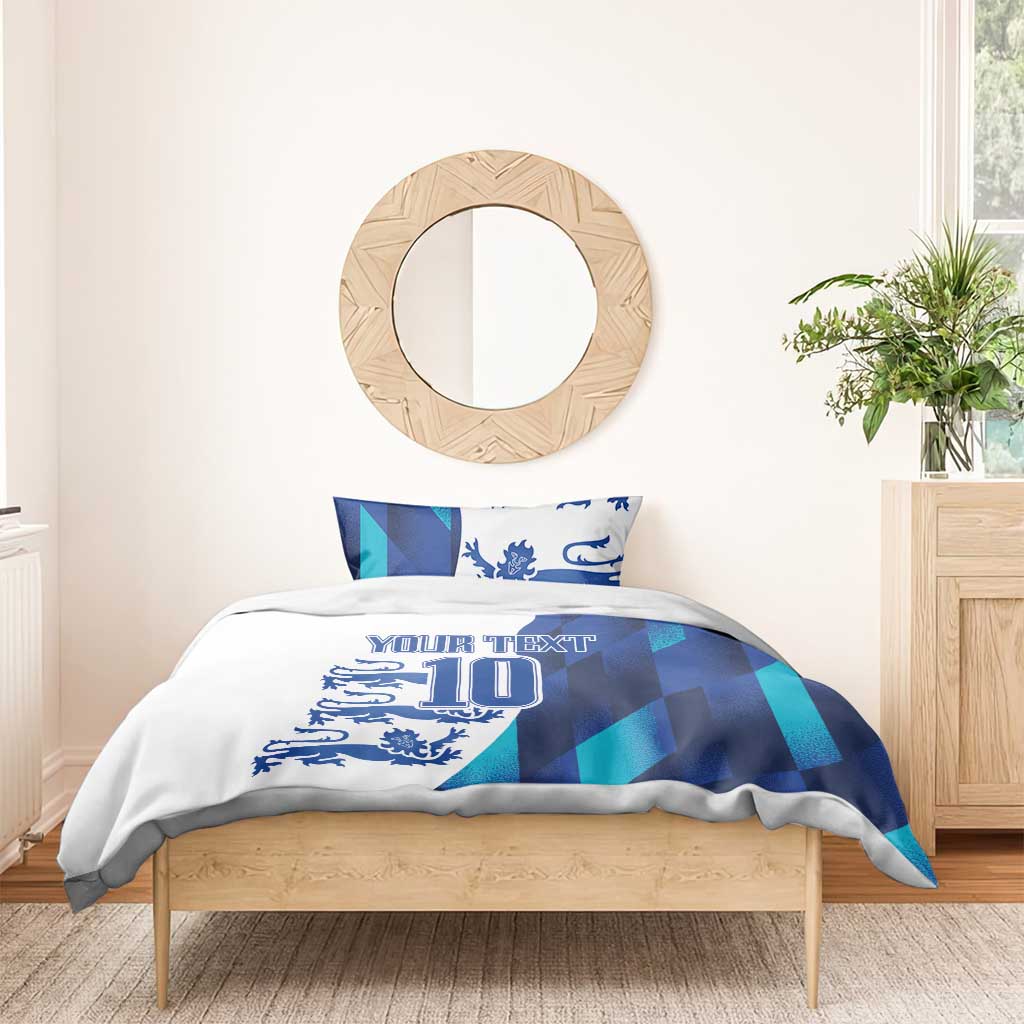 Blue and teal duvet cover with lion crest, 'YOUR TEXT' and number 10, with two pillowcases