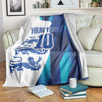 Custom football blanket with white, blue and teal flag-style graphic and large “10” design
