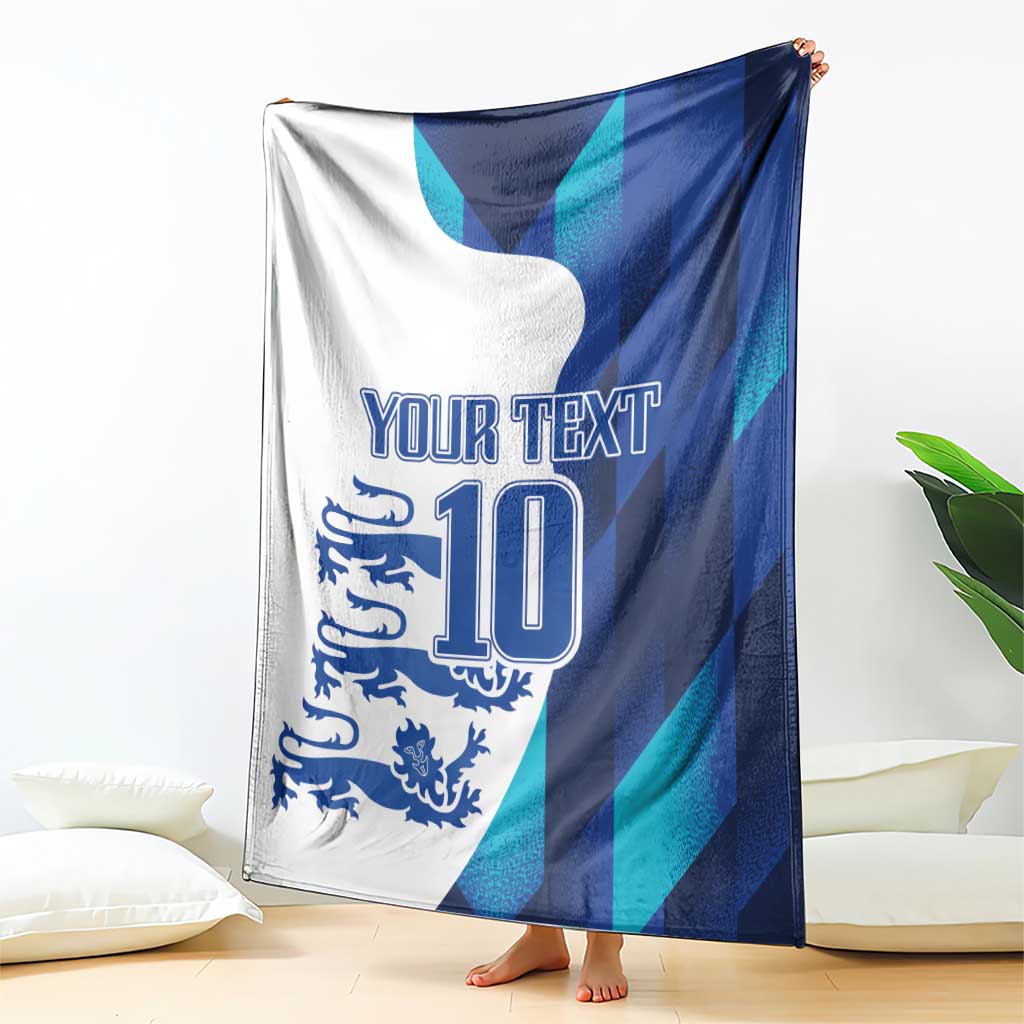 Custom football blanket with “YOUR TEXT” and “10” emblem on blue and teal flag pattern