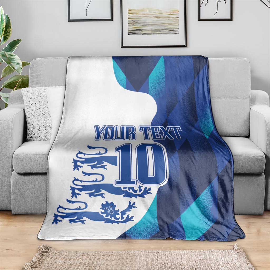 Custom England football blanket draped on a gray sofa, showing “YOUR TEXT” and “10”