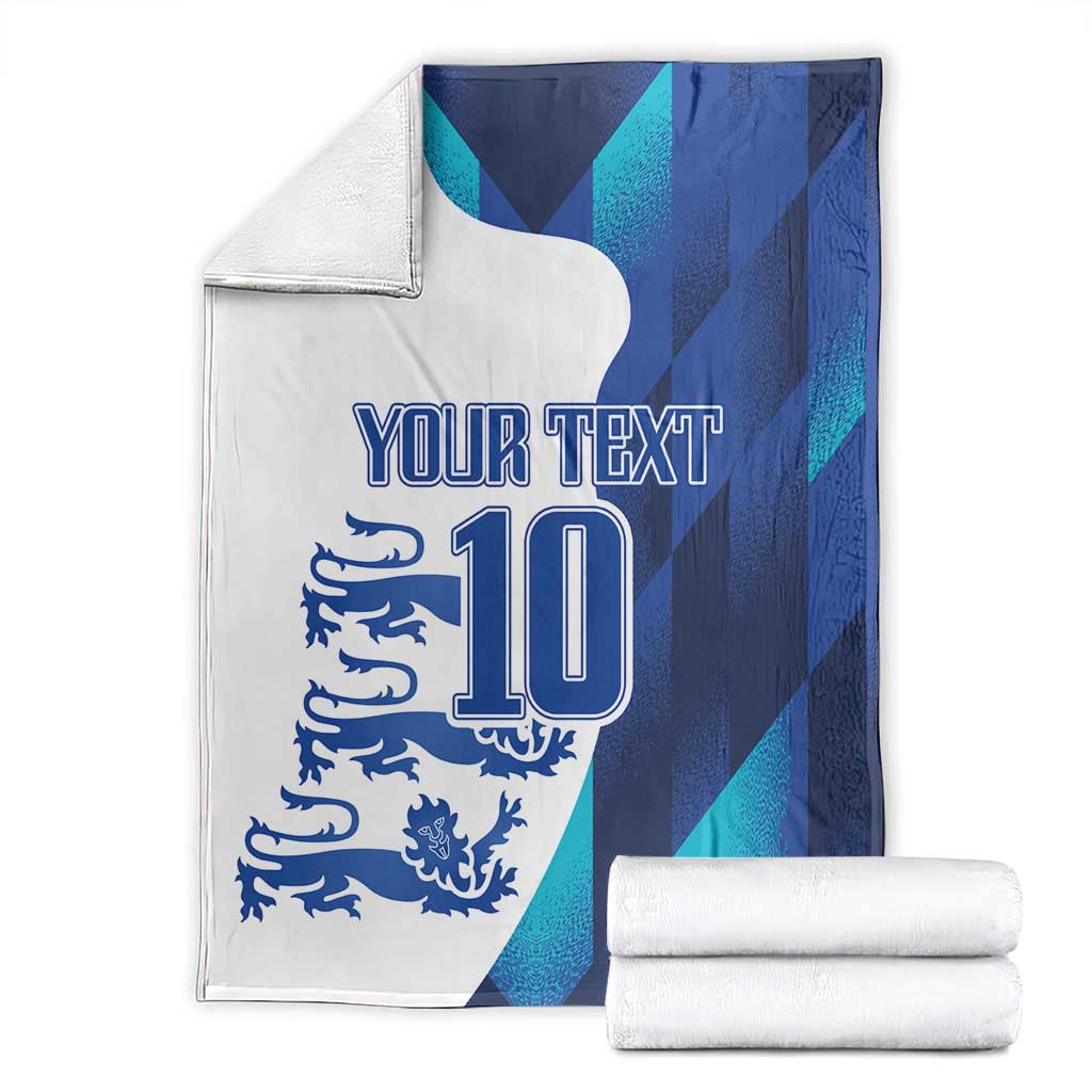 Custom football blanket folded with “YOUR TEXT” and “10” emblem; blue and teal flag pattern