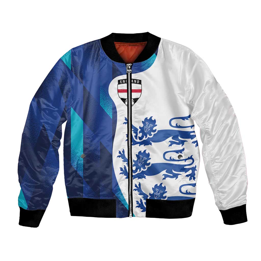 Blue and white zip-up bomber jacket with England crest and lion graphic