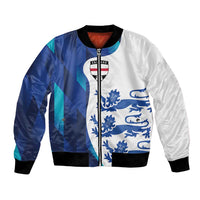 Blue and white zip-up bomber jacket with England crest and lion graphic