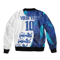 Blue and white bomber jacket back with number 10, YOUR TEXT, and lion emblem