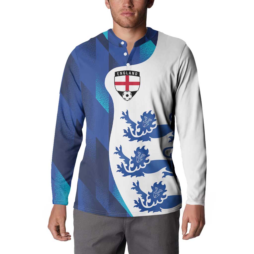 Blue and white England button football sweatshirt with crest and lion pattern