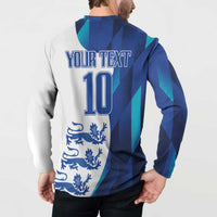 Blue and white football sweatshirt back with YOUR TEXT, number 10, and lions