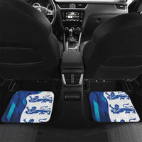 Pair of blue England car floor mats with Your Text 10 and lion crest design