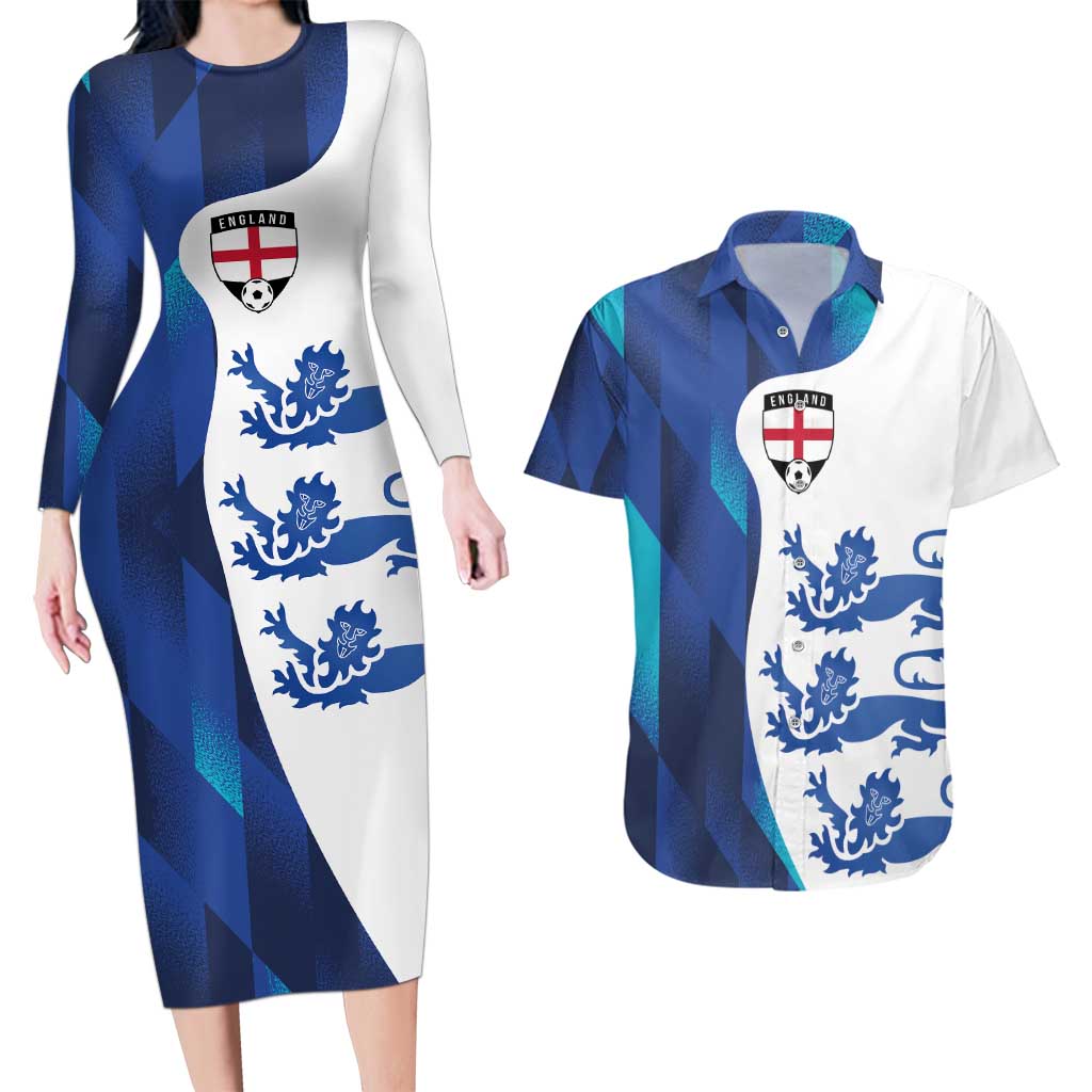 Custom England Football 2024 Go Champion Couples Matching Long Sleeve Bodycon Dress and Hawaiian Shirt - Wonder Print Shop