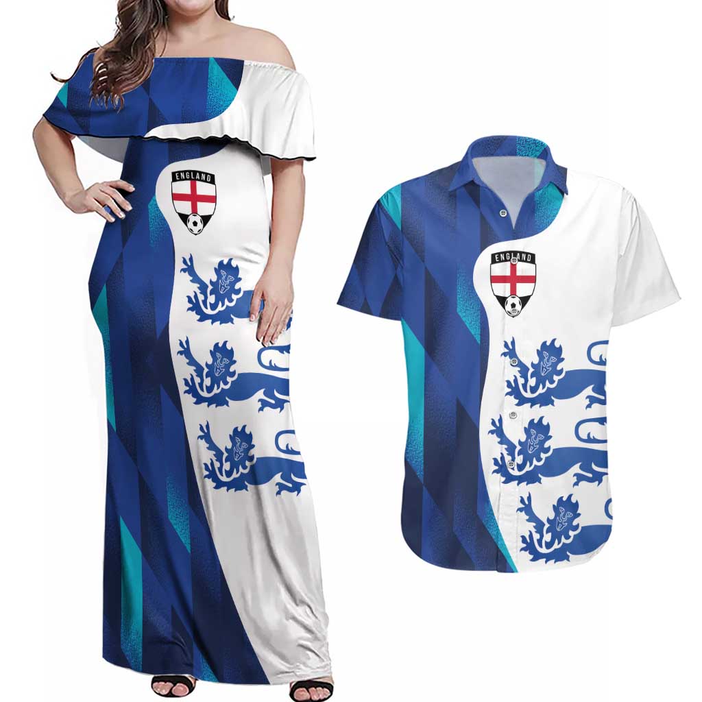 Custom England Football 2024 Go Champion Couples Matching Off Shoulder Maxi Dress and Hawaiian Shirt - Wonder Print Shop