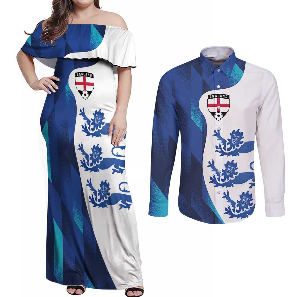 Custom England Football 2024 Go Champion Couples Matching Off Shoulder Maxi Dress and Long Sleeve Button Shirt - Wonder Print Shop