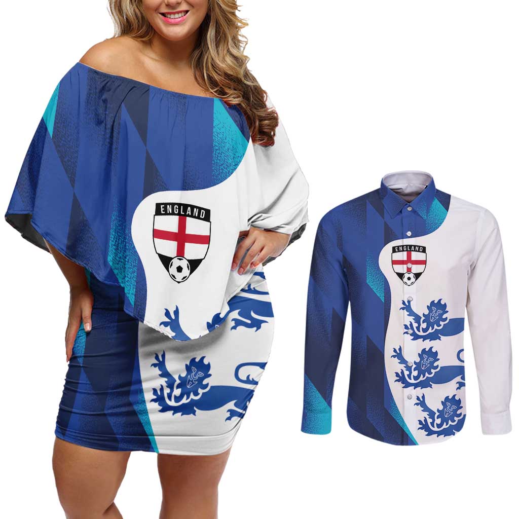 Custom England Football 2024 Go Champion Couples Matching Off Shoulder Short Dress and Long Sleeve Button Shirt - Wonder Print Shop