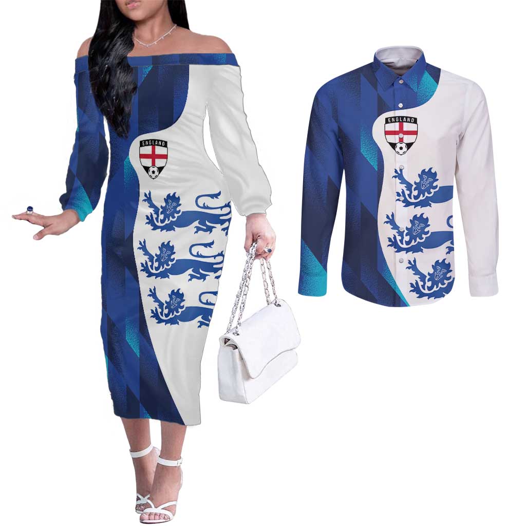 Custom England Football 2024 Go Champion Couples Matching Off The Shoulder Long Sleeve Dress and Long Sleeve Button Shirt