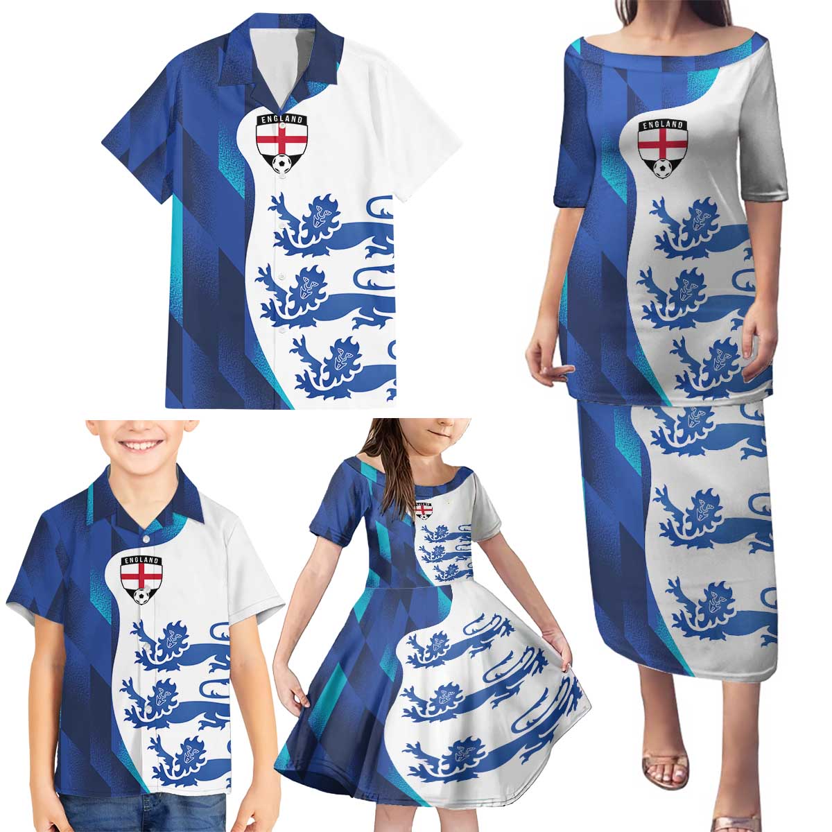 Custom England Football 2024 Go Champion Family Matching Puletasi and Hawaiian Shirt - Wonder Print Shop