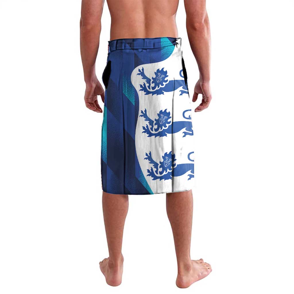 Blue-and-white England football lavalava skirt with crest and lion graphic, side view