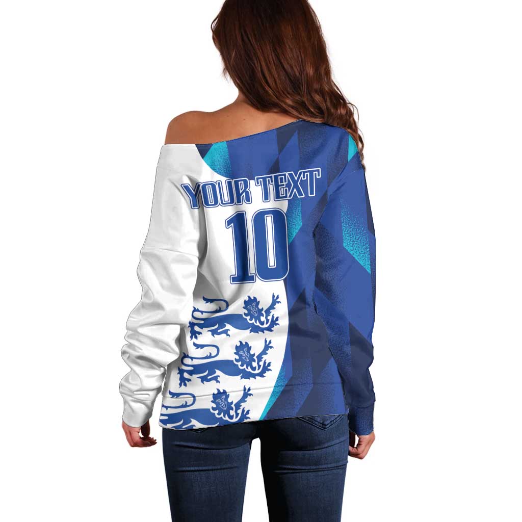 Women’s off-shoulder sweater back view, 'YOUR TEXT' and '10' over blue/white design