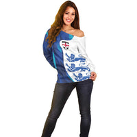 Women’s off-shoulder sweater, blue/white diagonal pattern with England crest and lions