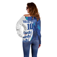 Women’s off-shoulder sweater back, 'YOUR TEXT' and '10' on blue/white check design