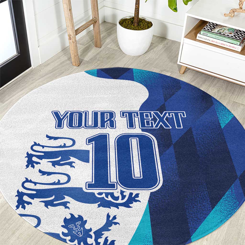 Round blue and white carpet with 'YOUR TEXT' and '10' crest design