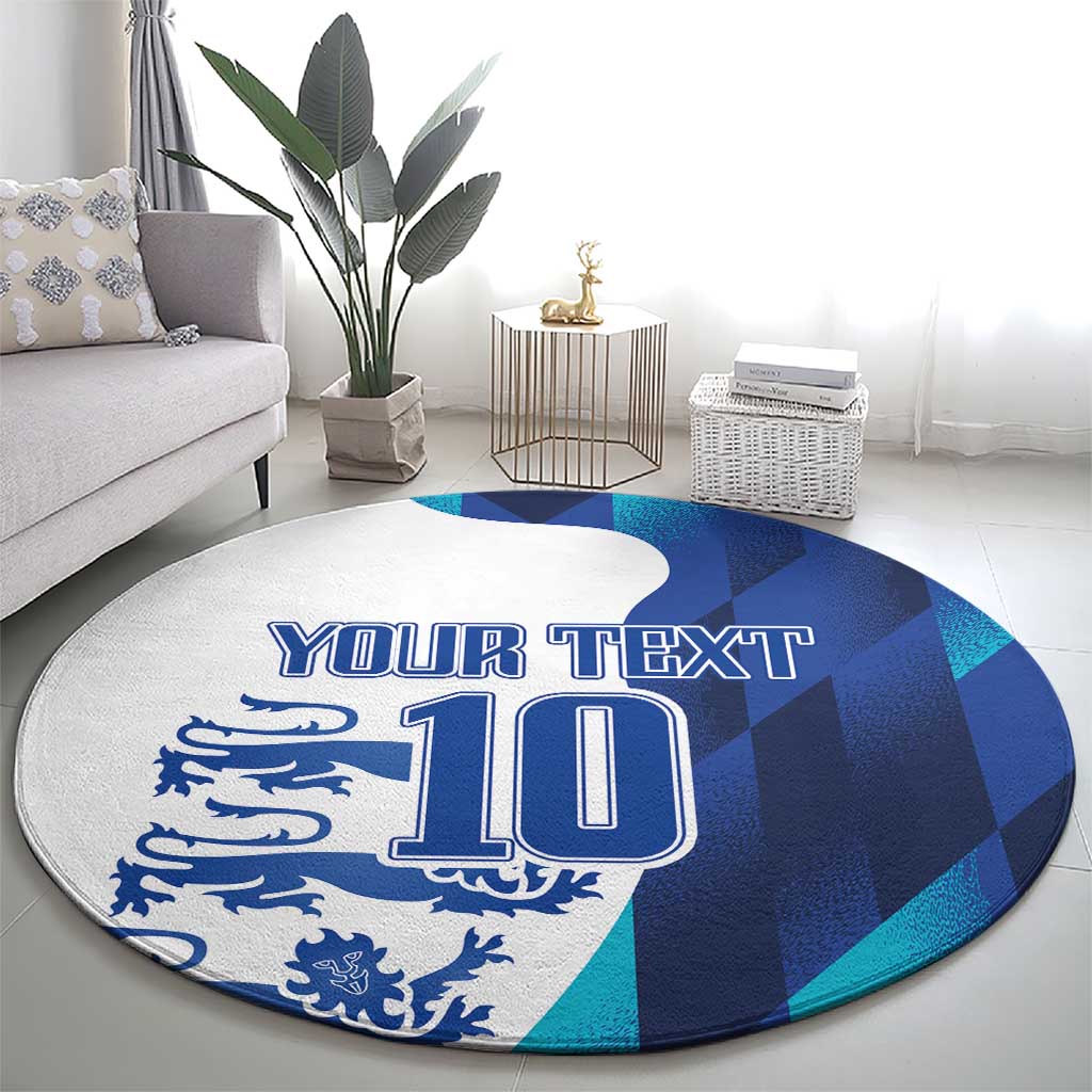 Round blue patterned carpet with 'YOUR TEXT' and '10' emblem, decorative crest