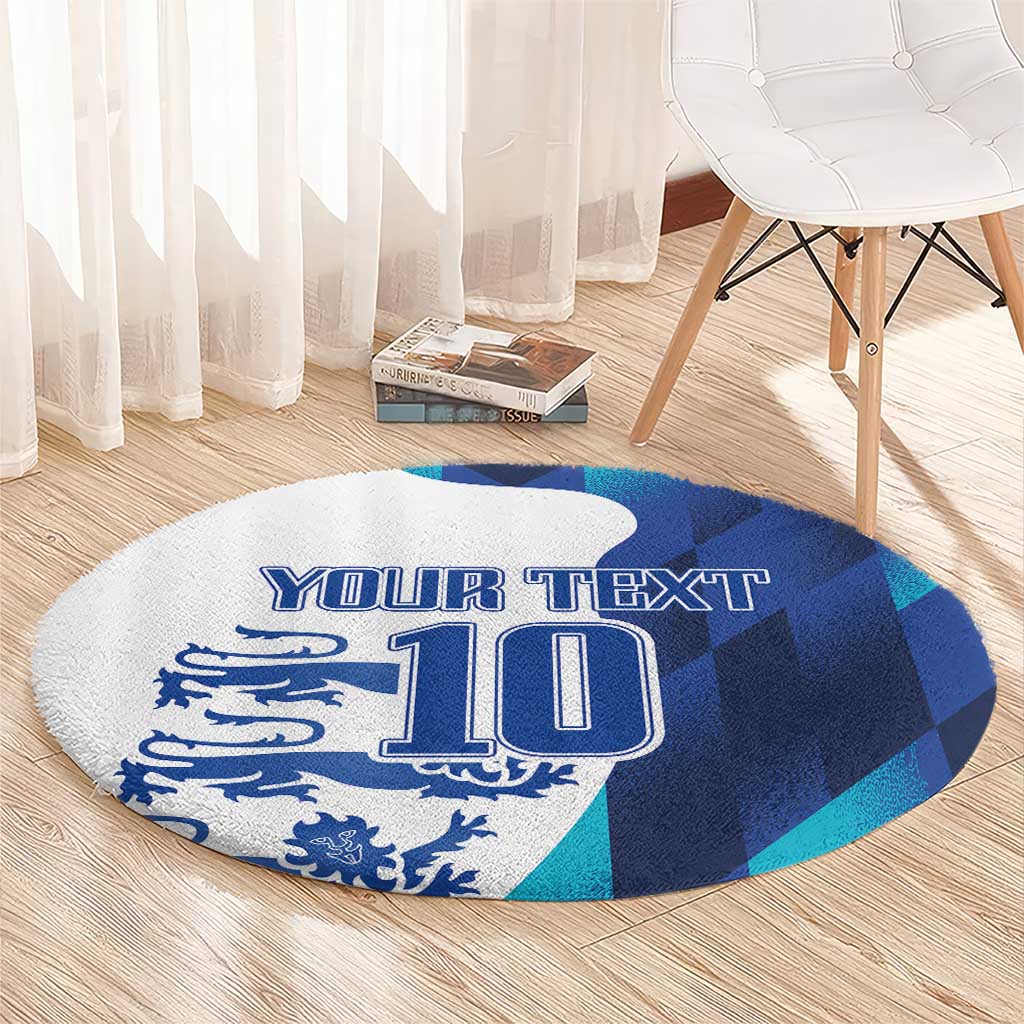 Round blue carpet with 'YOUR TEXT' and '10' emblem, white patch and blue check