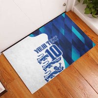 Blue rubber entrance doormat with “YOUR TEXT” and number 10 crest print