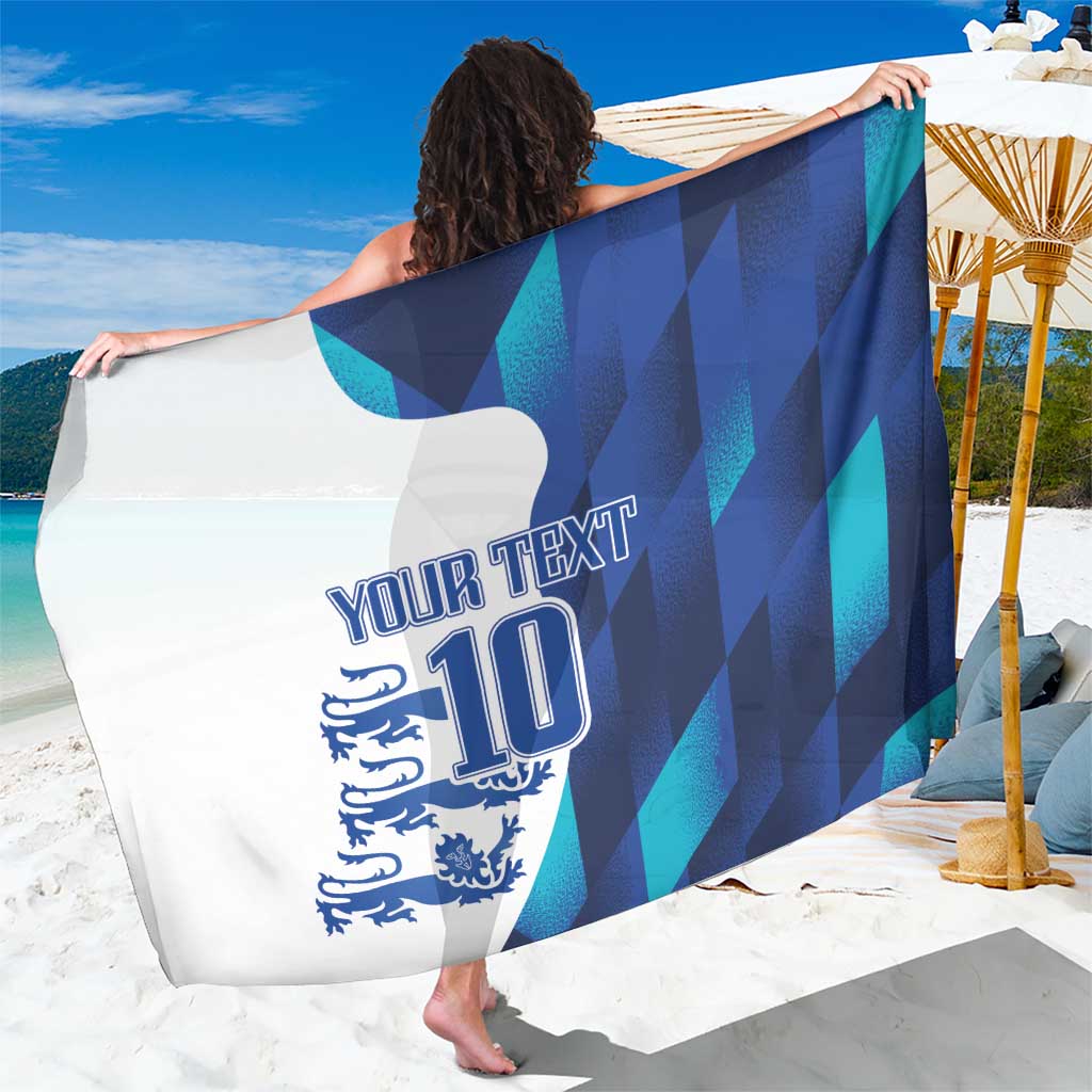 Blue sports sarong with teal geometric stripes and 'YOUR TEXT 10' crest print
