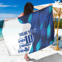 Blue sports sarong with teal geometric stripes and 'YOUR TEXT 10' crest print